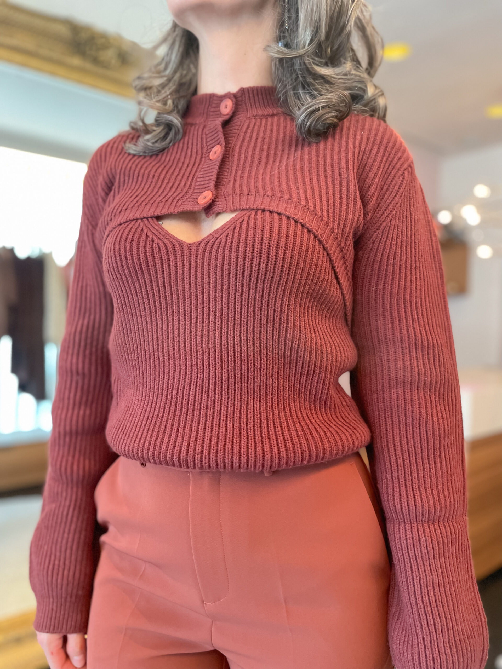 Knitted top & shoulder shrug burnt henna