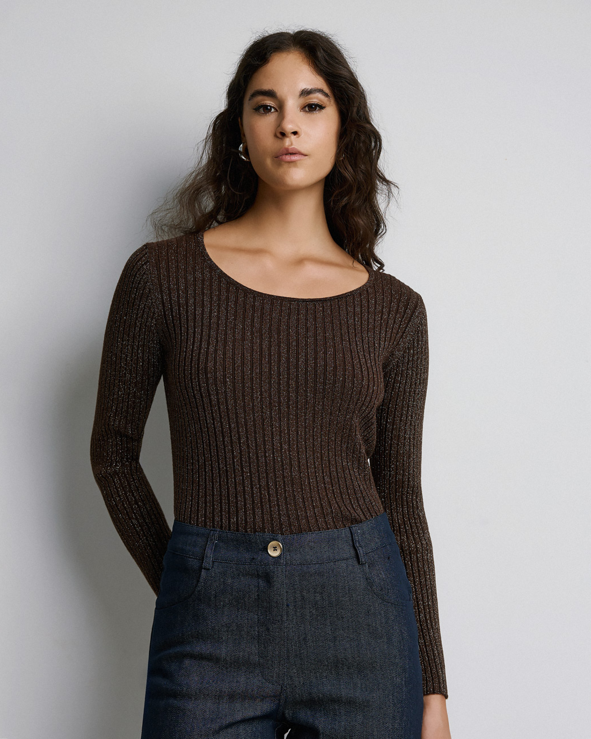 Knitted top long sleeves lurex coffee