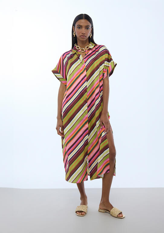 Multi stripes print satin shirt dress - Image 2