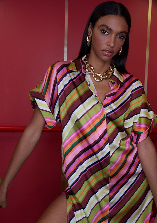 Multi stripes print satin shirt dress - Image 4