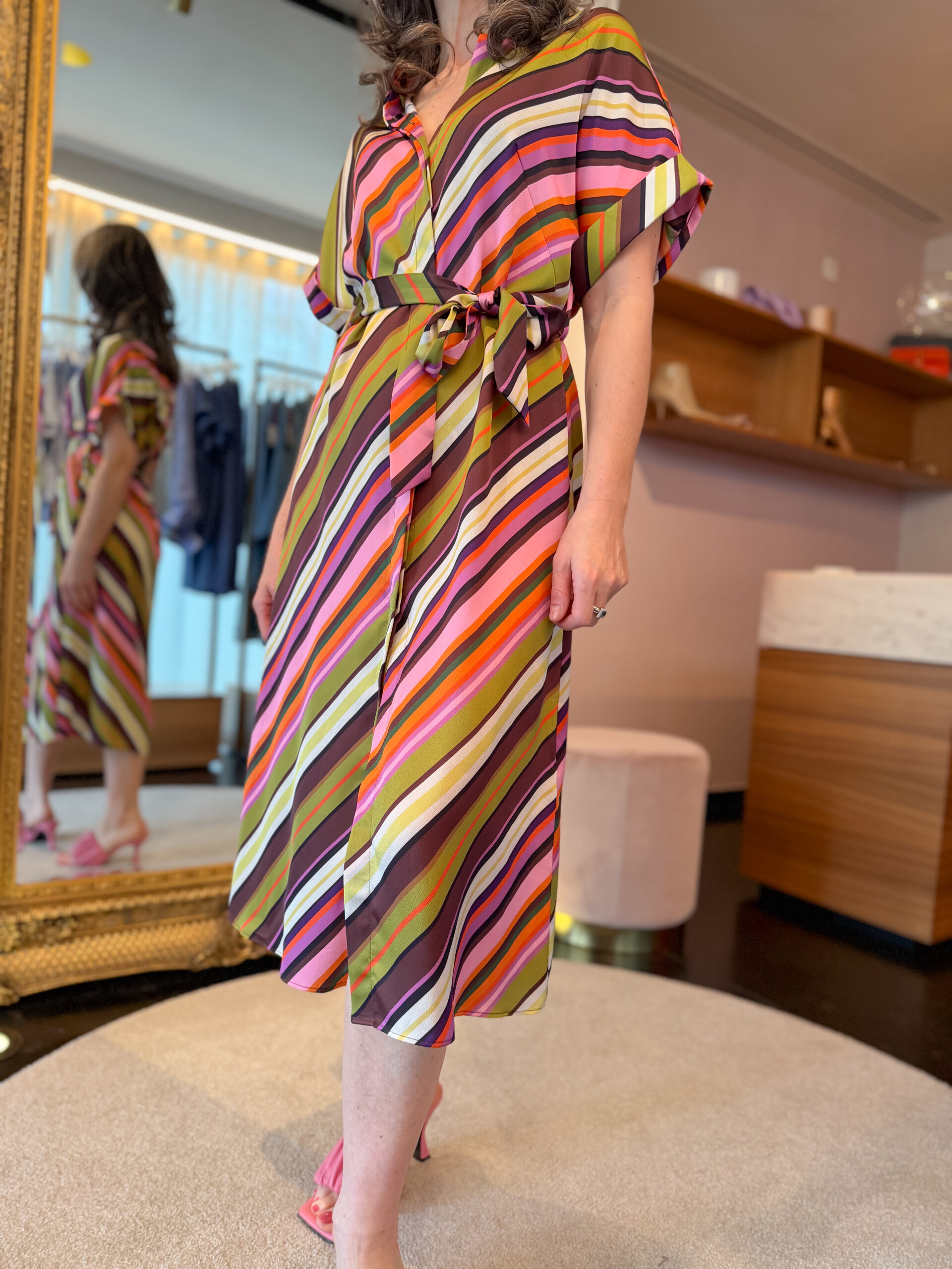 Multi stripes print satin shirt dress